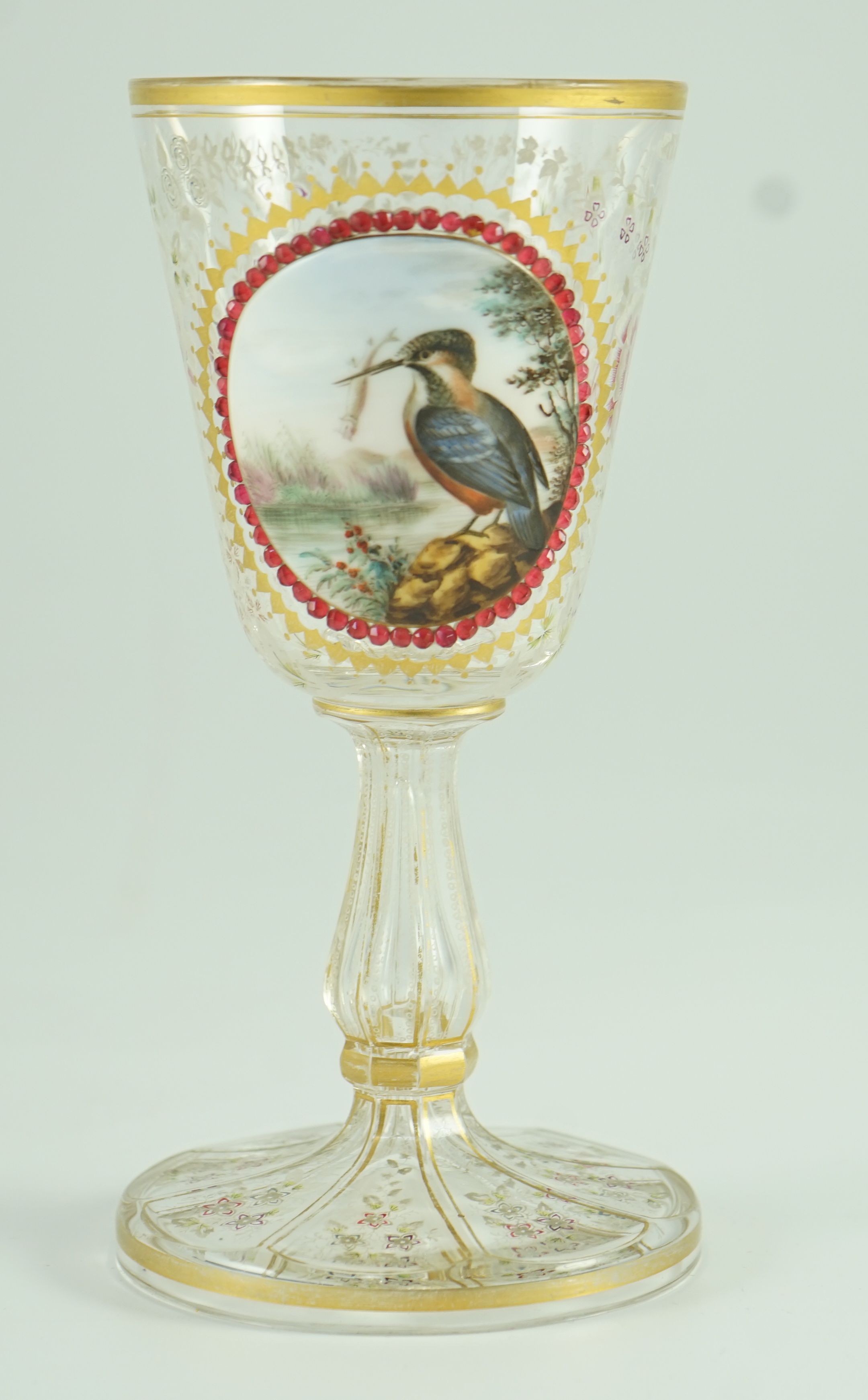 A Bohemian enamelled glass ‘Kingfisher’ goblet, late 19th century, 19.5 cm high